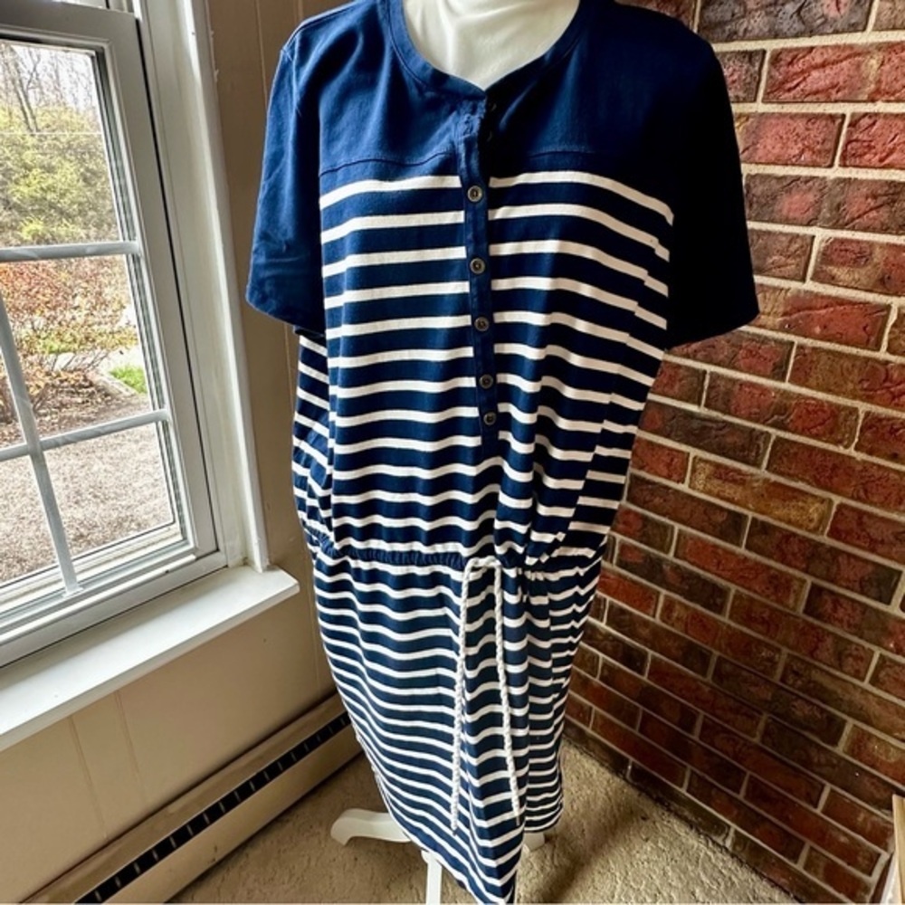 Lauren Ralph Lauren Navy and White Striped Tee Shirt Dress Drawstring Preppy